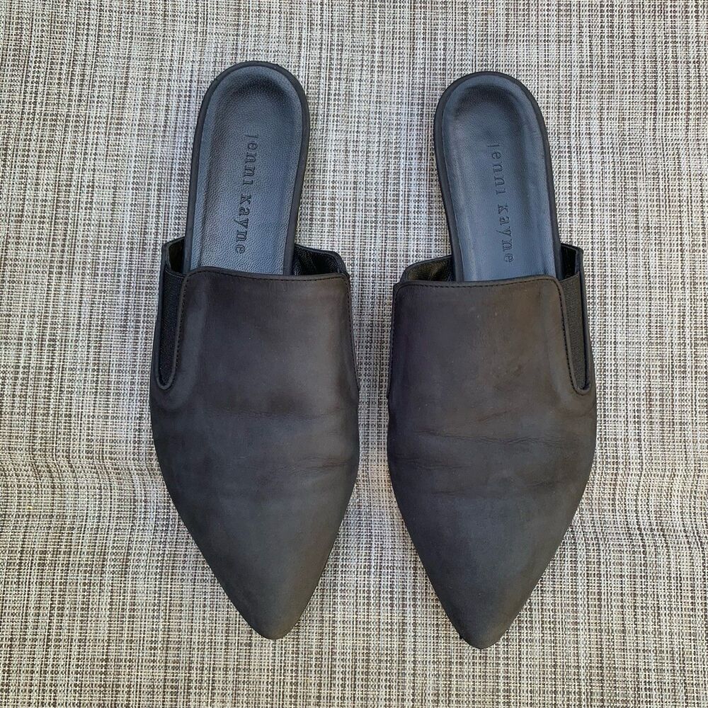 Jenni Kayne Pointed-Toe Black Oiled Leather Slip-On Mules Quiet Luxury 37/ US 7